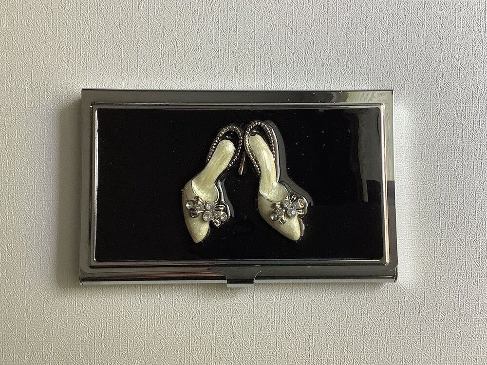 Silver Toned Black Enamel Cream High Heel Rhinestone Business Credit Card Holder